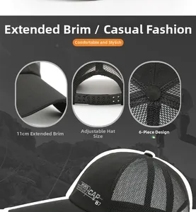Detail of black mesh baseball cap showing 11cm extended brim and adjustable strap closure
