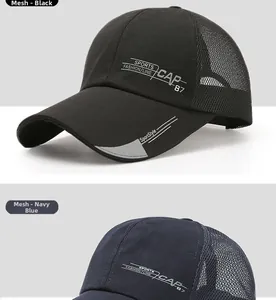 Detail view of breathable mesh back panels on black and navy blue baseball caps