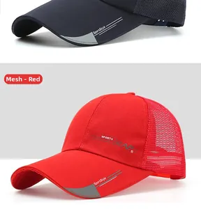 Detail of red and black mesh baseball caps with SportStyle embroidery and breathable fabric