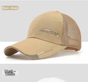 Detailed close-up of khaki and white breathable mesh panels on sports baseball caps