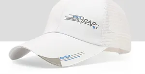 Detail of white baseball cap showing breathable mesh back and sports logo print