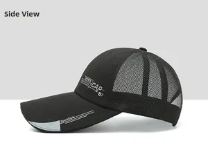 Side view detail of breathable black sports cap showing mesh back and reflective trim
