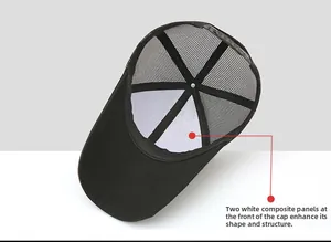 Detail of black mesh trucker hat showing white reinforced lining and sweatband construction