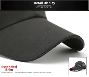 Detail of 11cm extended brim on black baseball cap showing durable twill texture