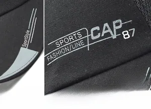 Detail of black sports baseball cap showing breathable mesh and SportStyle screen print
