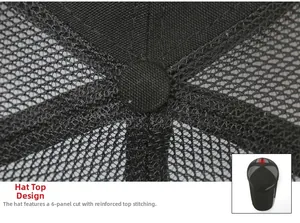 Detail of a 6-panel black baseball cap showing the reinforced crown and breathable mesh texture