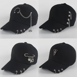 Women Street Punk Baseball Cap Hemp Metal Ring Long Chain Adjustable Sunshade Hat Safety Pin Heart Star Charms Hip Hop Style Trucker Hat For Summer Outdoor