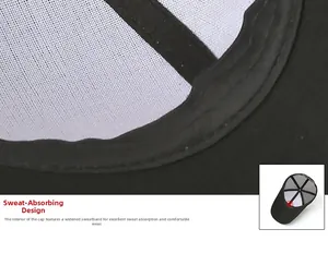 Detail of black baseball cap showing widened sweatband and breathable mesh lining