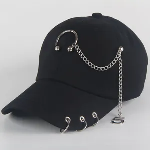 Black cotton baseball cap with punk silver chains, rings, and metal pendant 5