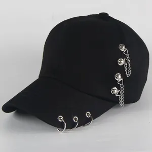 Street style black cotton baseball cap with silver metal rings and hanging chains