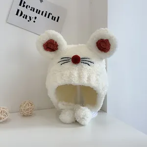 Bonnet d'hiver en peluche blanche pour bébé avec oreilles de souris et liens