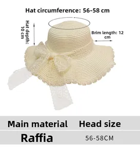 Detailed size guide for straw sun hat with wavy brim and lace bow measurement chart
