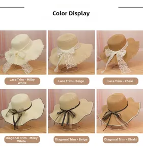 Detailed grid of wide brim straw hats in beige and cream with lace and polka dot ribbons