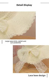 Detail showing the large lace bow and wavy brim texture of this women's straw sun hat