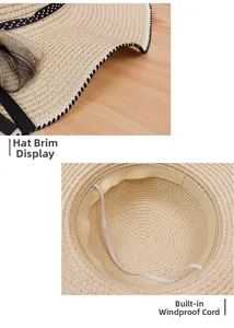 Detail of straw hat brim with polka dot ribbon and built-in windproof rope