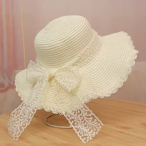 Cappello di Paglia a Tesa Larga in Stile Francese da Donna Elegante Cappello da Sole con Fiocco in Pizzo per Vacanze al Mare Pieghevole