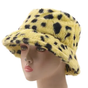 Winter faux mink fur leopard print bucket hat for women with fluffy warm texture