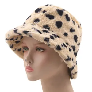Close-up of plush leopard print bucket hat on mannequin showing soft faux fur texture