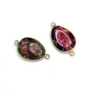 Imperial stone waterdrop pendants with gold metal edges and double holes for DIY jewelry