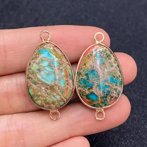 Teardrop imperial stone connector with natural colorful texture and gold plated edges