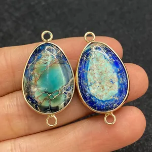 Set of two teardrop blue imperial stone connectors with gold plated dual loops