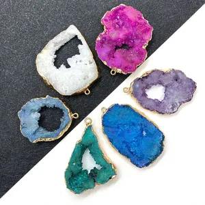 Natural Druzy Agate Geode Pendant Only (Without Chain) Irregular Crystal Stone Gold Plated Edging For DIY Jewelry Making