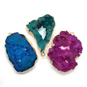 Three irregular natural crystal geode druzy pendants with gold plated edges for DIY jewelry