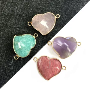 Gefacetteerde Hart Natuursteen Connector Hanger Vergulde Legering Dubbele Lus DIY Sieraden Accessoires Voor Ketting Armband Amethist Rozenkwarts