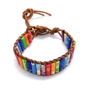 Rainbow cylindrical natural stone beaded leather wrap bracelet with silver button clasp