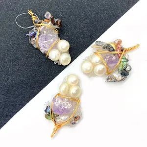 Pendentif Raisin en Améthyste et Künstliche Perle Enroulé de Fil Création Bijoux DIY Design Bohème en Pierre Brute avec Fil Doré