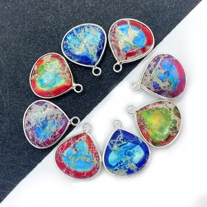 Waterdrop sea sediment jasper pendants with silver frames for DIY jewelry