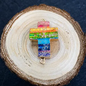 Rainbow emperor stone cross connector with gold edging and dual rings for DIY jewelry