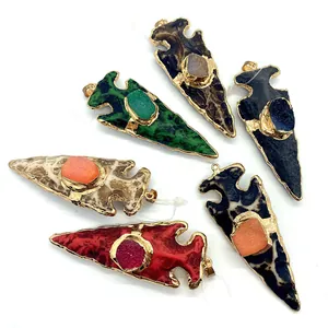 Lot de 6 pendentifs flèches en résine de pierre naturelle avec bords dorés et anneaux