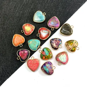 Ciondolo a Forma di Cuore in Pietra dell'Imperatore Naturale Con Bordo in Lega d'Oro Accessori Fai da Te per Collane e Orecchini