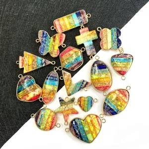 Natural Imperial Jasper Rainbow Stone Heart Cross Star Butterfly Connector Pendant Gold Plated Alloy DIY Jewelry Making Findings