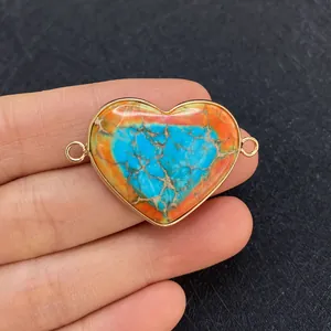 Natural heart stone connector with gold plating and blue-orange turquoise texture