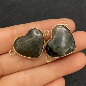 Colgantes de corazón en labradorita natural con borde dorado para joyería DIY
