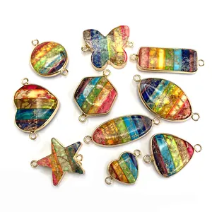 Rainbow emperor stone pendants in mixed shapes with gold plated double loop connectors