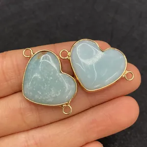 Colgante de corazón de piedra natural dorada con anillos dobles para collares DIY
