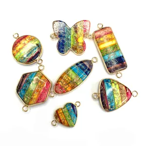 Rainbow natural stone connectors with gold plating in butterfly heart and oval shapes