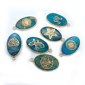 Oval blue stone pendants with gold-plated tree and animal charms in a set of seven