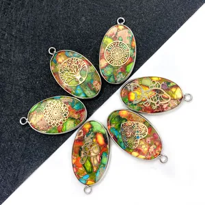 Pendentif Ovale en Pierre de l'Empereur Avec Motif Creux Doré Arbre De Vie Cœur Étoile De Mer Poisson Lapin Pour Bijoux DIY