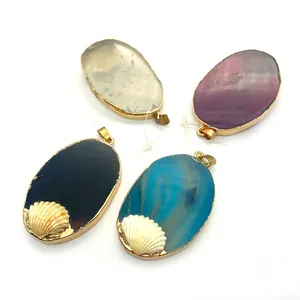 Oval natural stone pendants with gold plating and shell accents for DIY jewelry making