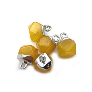 Faceted yellow natural stone pendants with silver metal caps and rings for jewelry making
