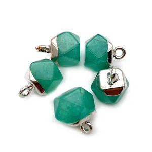 Close-up of five faceted green aventurine pendants with silver-plated metal bases
