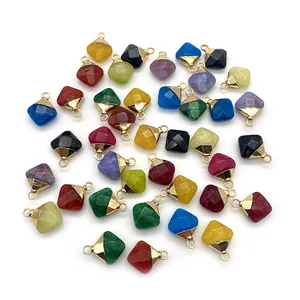 Faceted natural stone rhombus pendants with gold metal caps in various vibrant colors