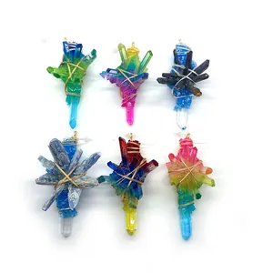 Set of 6 colorful natural faceted crystal pendants with handmade gold wire wrapping