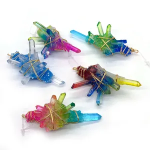 Set of five handmade aura quartz crystal pendants with gold wire wrapping and metal loops
