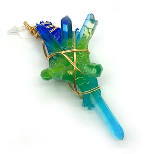 Macro detail of handmade wire wrapped iridescent gradient crystal pendant in gold finish