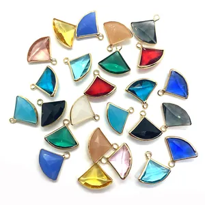 Multicolor fan-shaped natural stone pendants with gold plating for DIY jewelry making